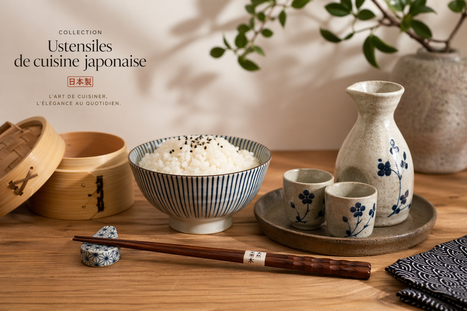 service à sake, bol de riz et ustensiles de cuisine japonaise