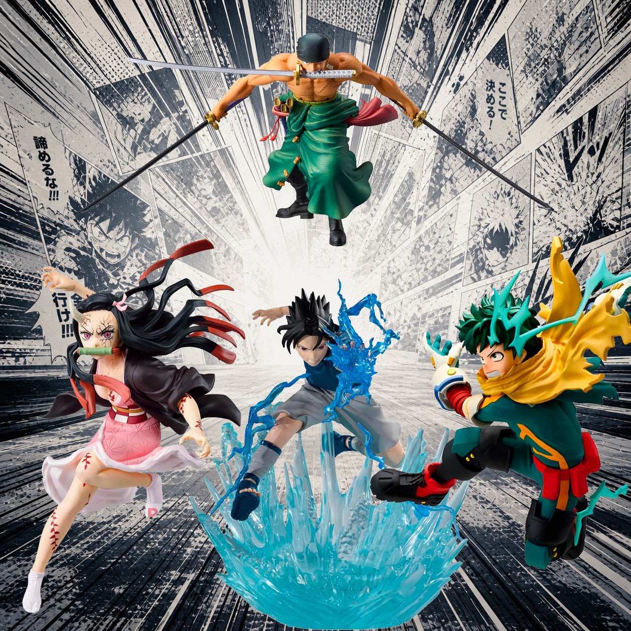 Figurines anime manga de Nezuko, Sasuke, Zoro Roronoa et Izuku Midoriya