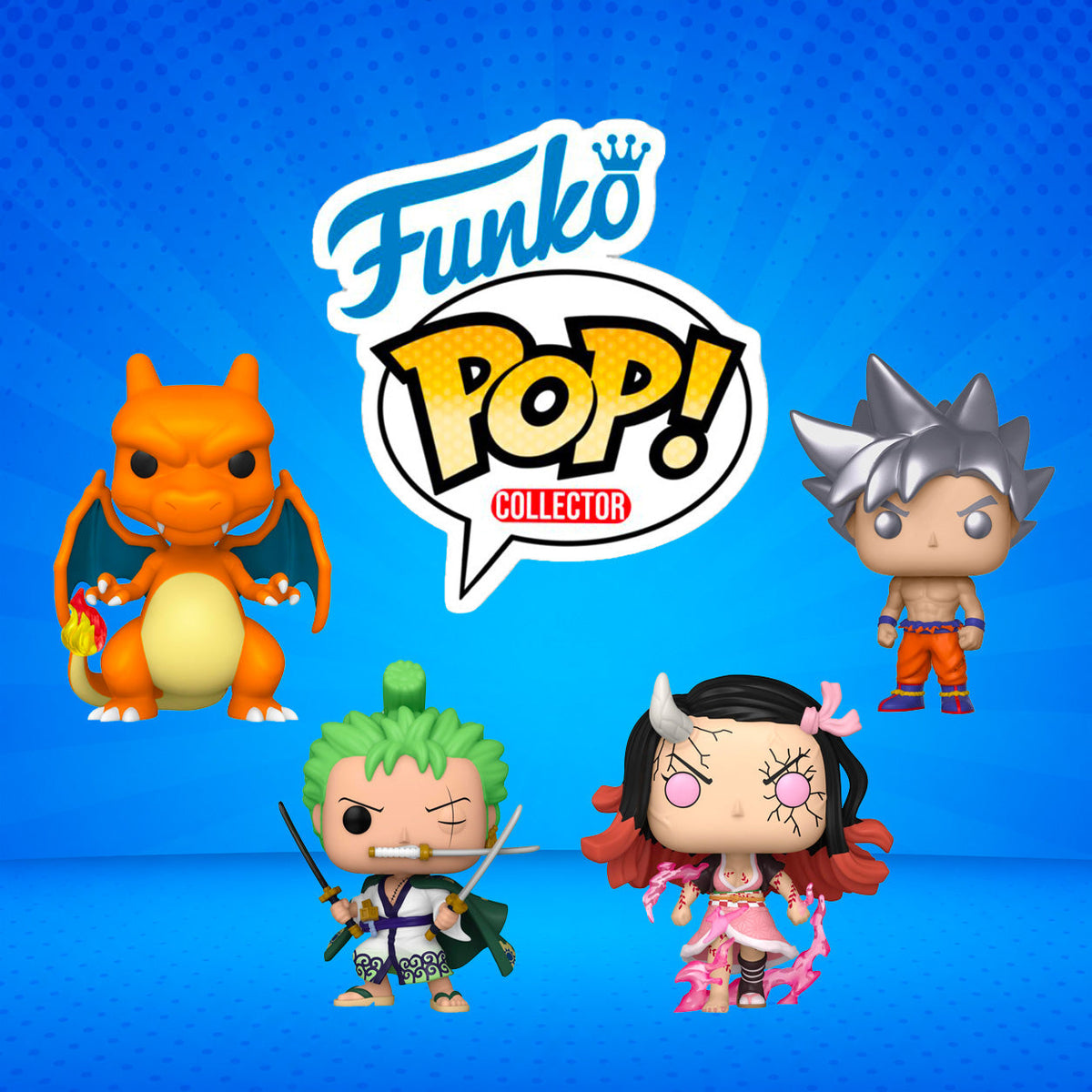 figurines funko pop de dracaufeu, roronoa zoro, kamado nezuko, son goku ultra instinct