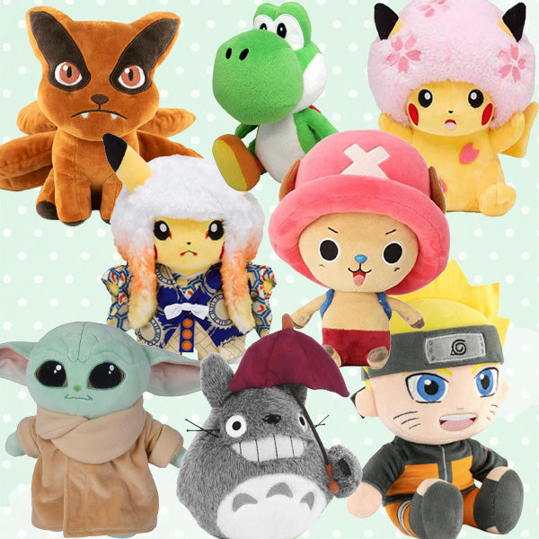 peluches manga kyubi, yoshi, pikachu, tony tony chopper, grogu, totoro, naruto uzumaki